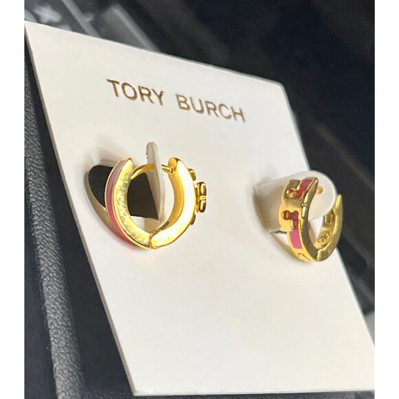 TORY BURCH SERIF T PINK ENAMEL HUGGIE HOOP EARRINGS - Picture 5 of 6